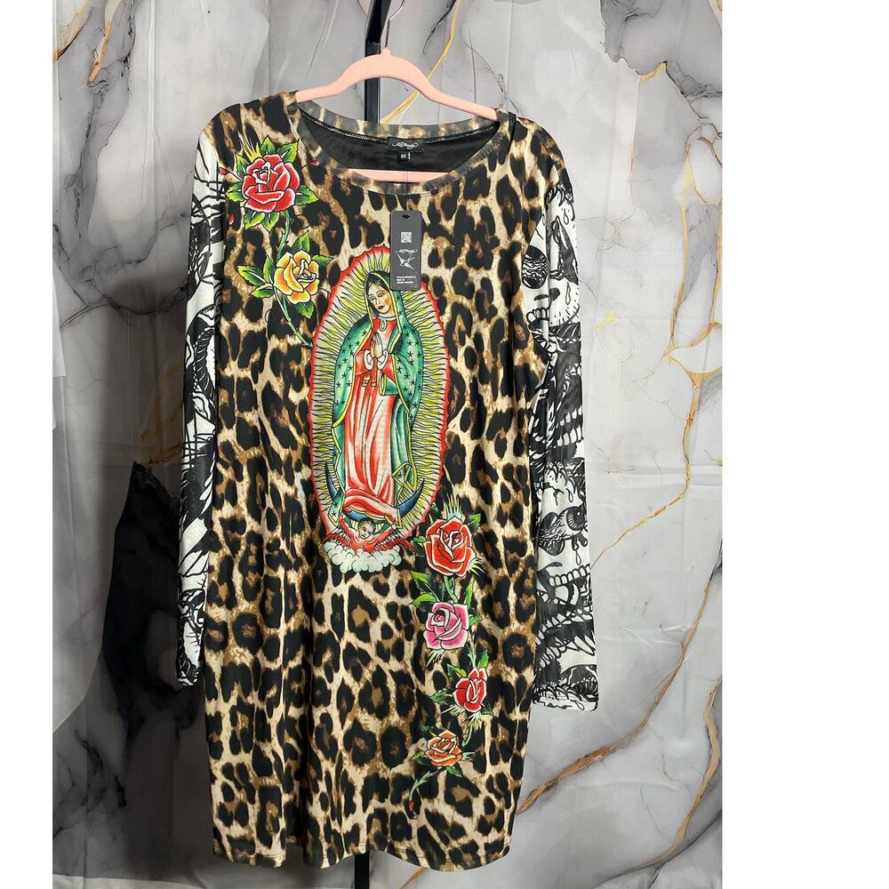 ED Hardy Virgin Mary Mesh Tee Dress Size 2X